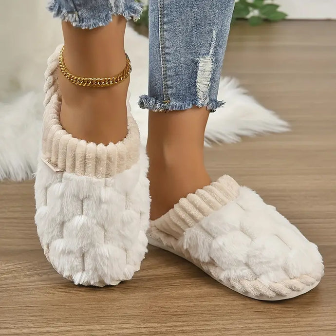 Faux Fur Slip on Slippers Beige